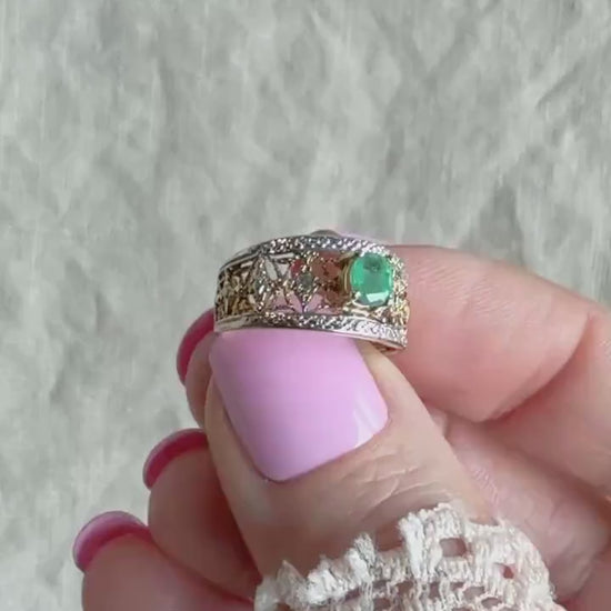 Vintage Emerald and Diamond Ring, 10k Gold, Filigree Band Statement Ring, Bold Gemstone Jewelry