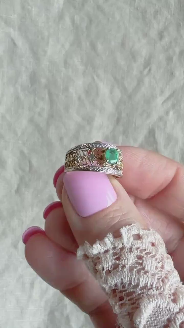 Vintage Emerald and Diamond Ring, 10k Gold, Filigree Band Statement Ring, Bold Gemstone Jewelry