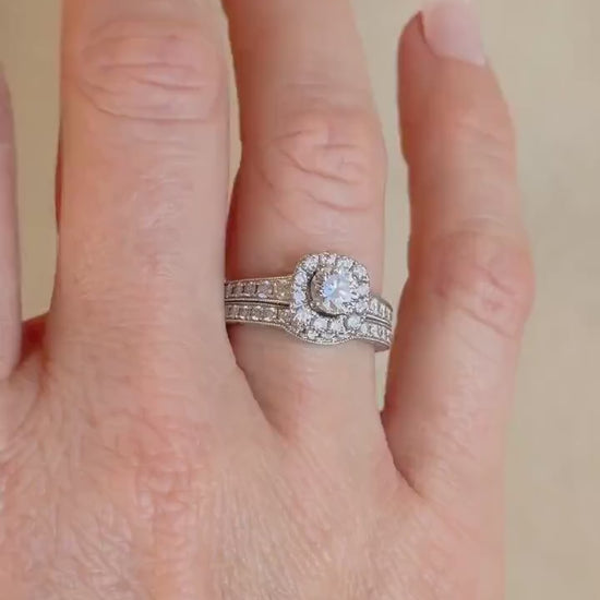 Vintage Diamond Engagement Ring, Round Cut, 14k White Gold, 2000s Neil Lane Cushion Halo