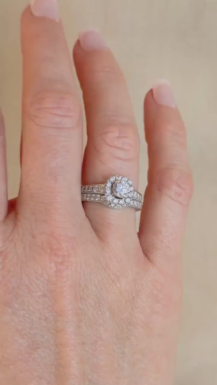 Vintage Diamond Engagement Ring, Round Cut, 14k White Gold, 2000s Neil Lane Cushion Halo