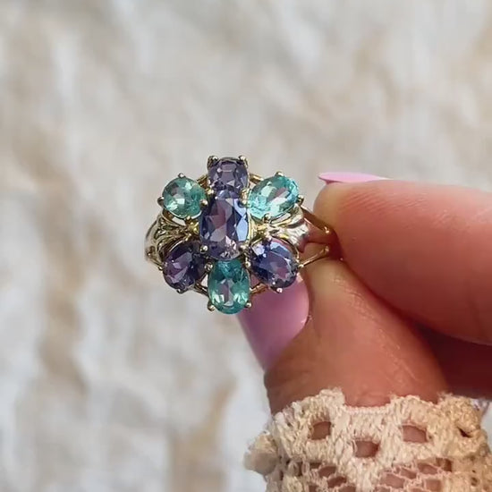 Vintage Amethyst and Apatite Gemstone Cluster Ring in 10k Gold