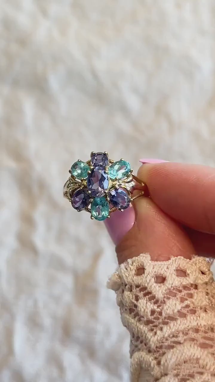 Vintage Amethyst and Apatite Gemstone Cluster Ring in 10k Gold