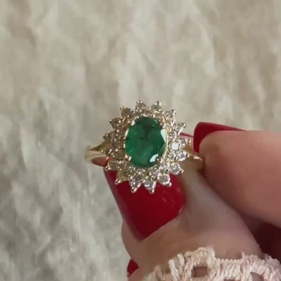 Vintage Emerald and Diamond Halo Ring in 14k Gold