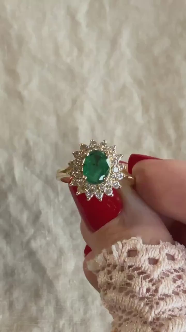 Vintage Emerald and Diamond Halo Ring in 14k Gold