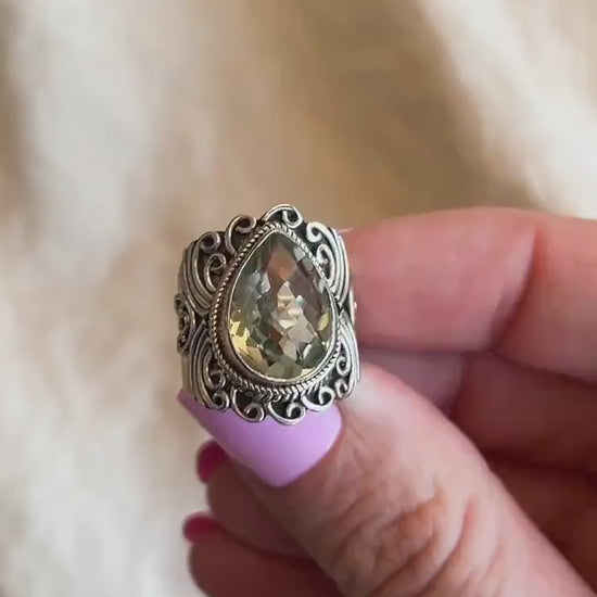 Vintage Pear Prasiolite Ring, Sterling Silver Filigree Boho Statement Jewelry