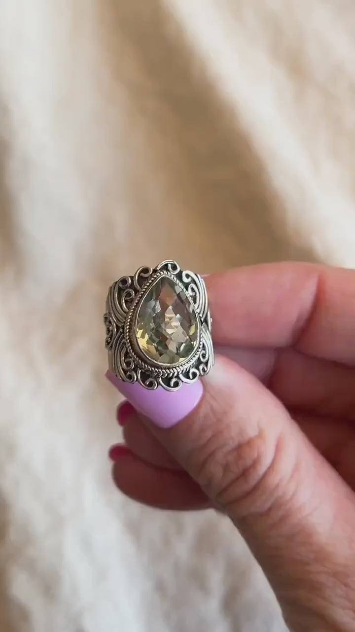 Vintage Pear Prasiolite Ring, Sterling Silver Filigree Boho Statement Jewelry