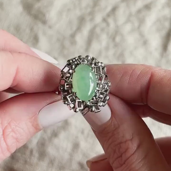 Vintage 1960s Oval Jade Gemstone Ring, 14k White Gold