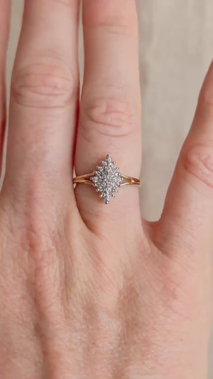 Vintage Cluster Diamond Engagement Ring, Round Cut, 14k Gold, Unique Bridal Ring
