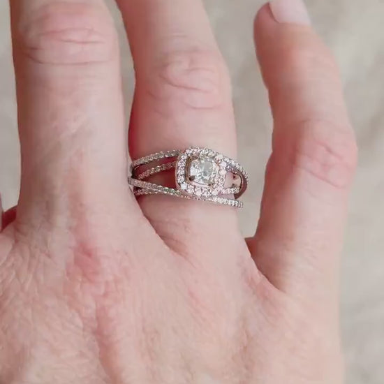 Vintage Diamond Engagement Ring, Cushion Cut, 14k White & Rose Gold, 2000s Criss-Cross Infinity Setting