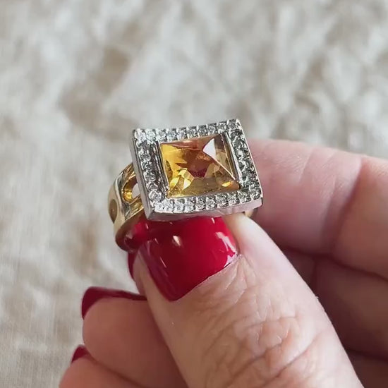 Vintage Citrine and Diamond Geometric Pyramid Halo Ring in 14k Gold