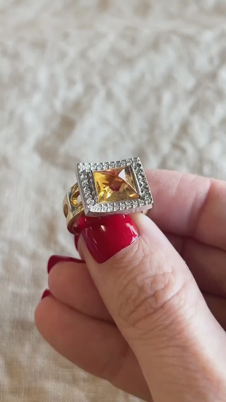 Vintage Citrine and Diamond Geometric Pyramid Halo Ring in 14k Gold