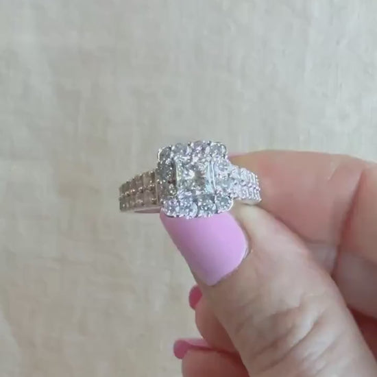 Vintage Diamond Engagement Ring, Princess Cut, 14k White Gold, 1990s Halo Bridal Ring
