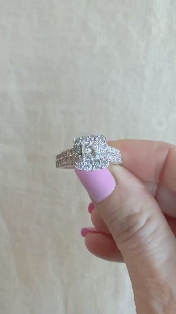 Vintage Diamond Engagement Ring, Princess Cut, 14k White Gold, 1990s Halo Bridal Ring