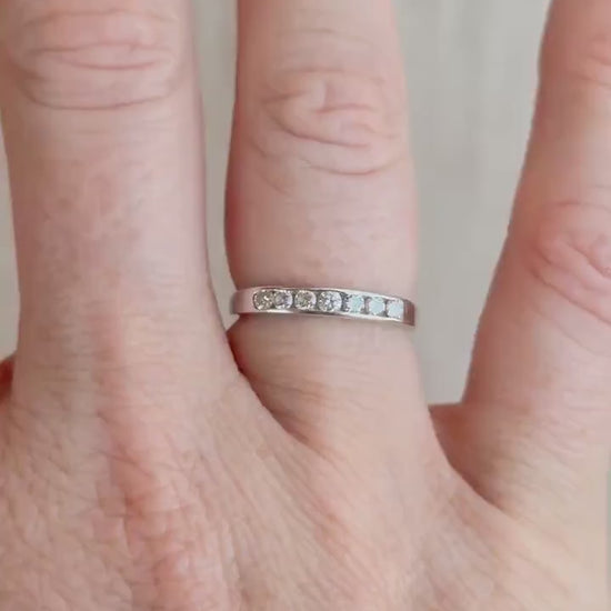 Vintage Diamond Wedding Band, 18k White Gold, Round Channel Set, Minimalist Ring, Stacking Band