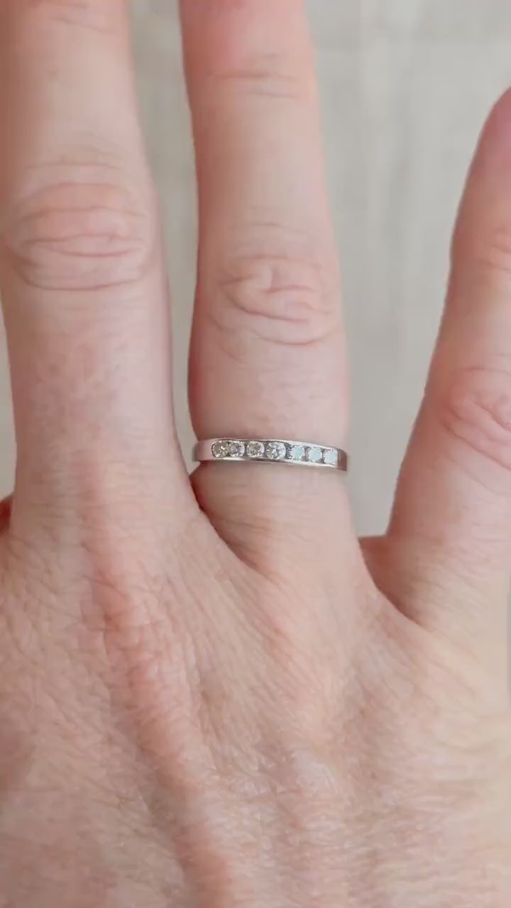 Vintage Diamond Wedding Band, 18k White Gold, Round Channel Set, Minimalist Ring, Stacking Band
