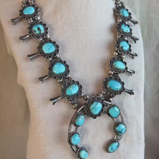 Vintage Turquoise Necklace in Sterling Silver, Squash Blossom Naja Pendant, Southwestern Necklace