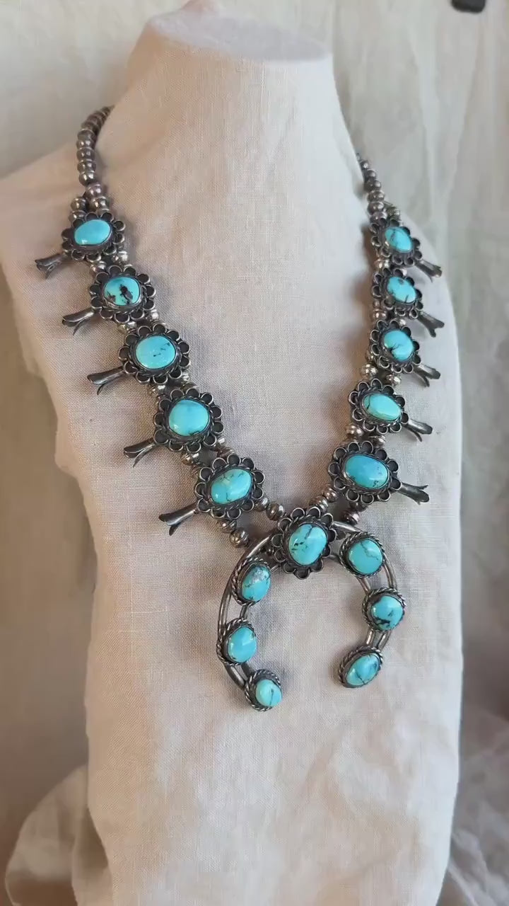Vintage Turquoise Necklace in Sterling Silver, Squash Blossom Naja Pendant, Southwestern Necklace