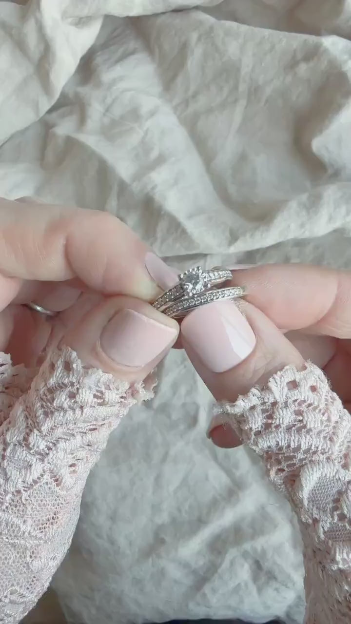 Vintage Diamond Engagement Ring and Wedding Band Set in 14k White Gold