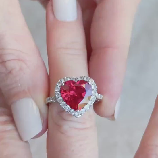 Vintage 1990s Heart Cut Ruby Engagement Ring, 10k White Gold, Halo Design • One-of-a-Kind Jewelry