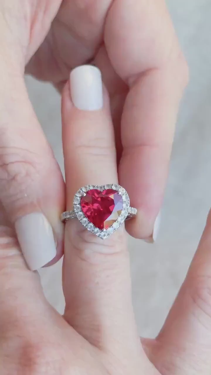Vintage 1990s Heart Cut Ruby Engagement Ring, 10k White Gold, Halo Design • One-of-a-Kind Jewelry