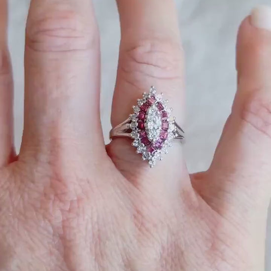 Vintage Diamond & Ruby Engagement Ring, Marquise Shaped, 14k White Gold, 1950s Cluster Bridal Ring