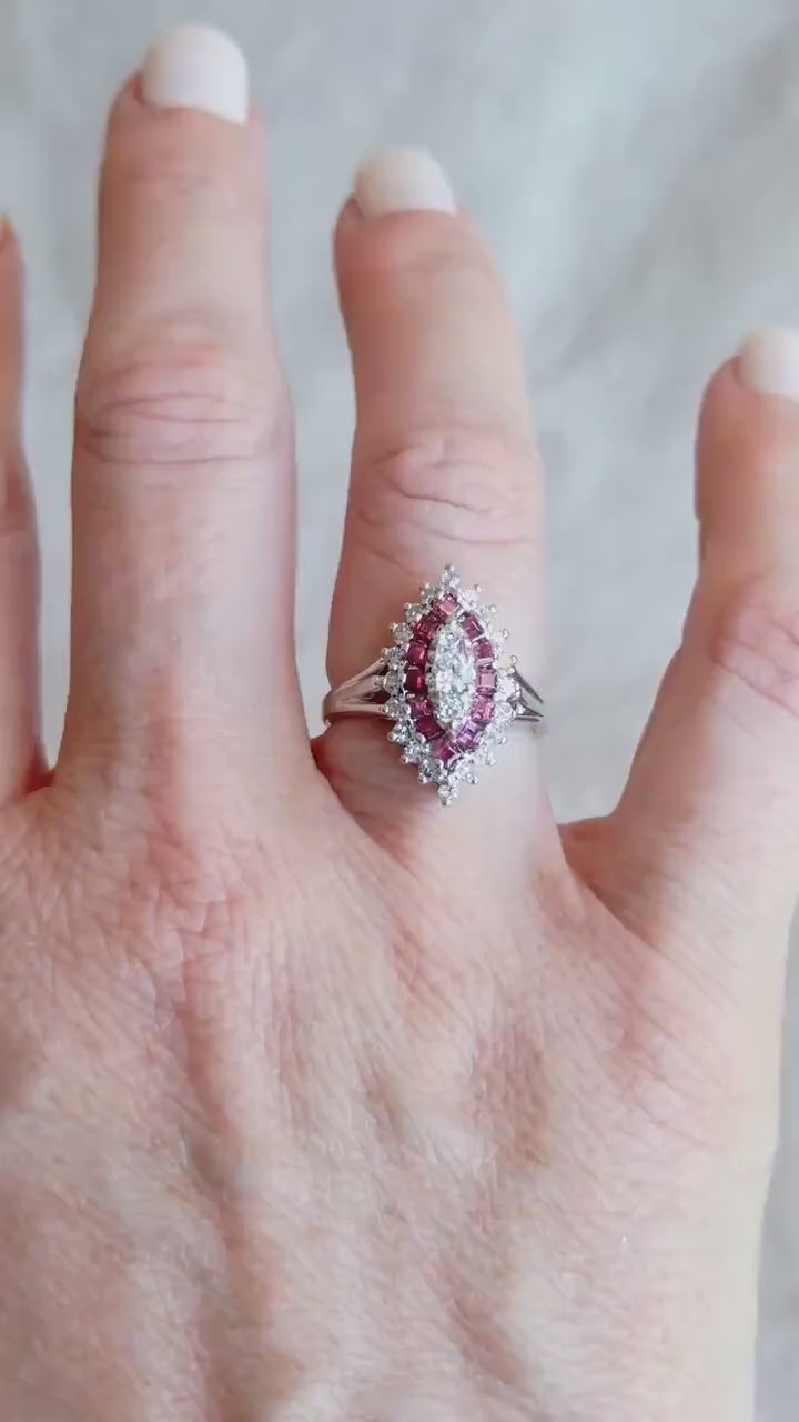 Vintage Diamond & Ruby Engagement Ring, Marquise Shaped, 14k White Gold, 1950s Cluster Bridal Ring