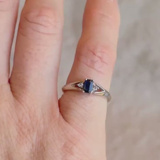 Vintage Emerald Cut Blue Sapphire Ring in 14k White Gold