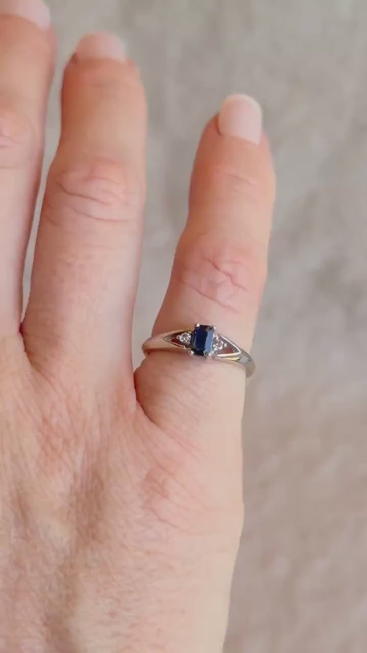 Vintage Emerald Cut Blue Sapphire Ring in 14k White Gold