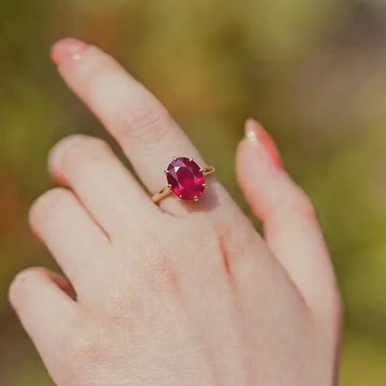 Vintage Ruby Solitaire Ring, 14k Gold, Oval Cut Mid-Century Statement Ring, 1950s Bold Jewelry