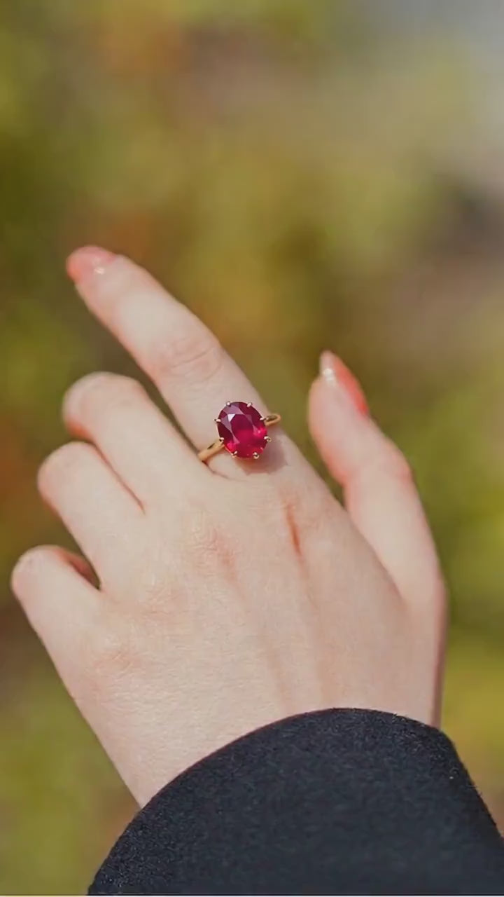 Vintage Ruby Solitaire Ring, 14k Gold, Oval Cut Mid-Century Statement Ring, 1950s Bold Jewelry