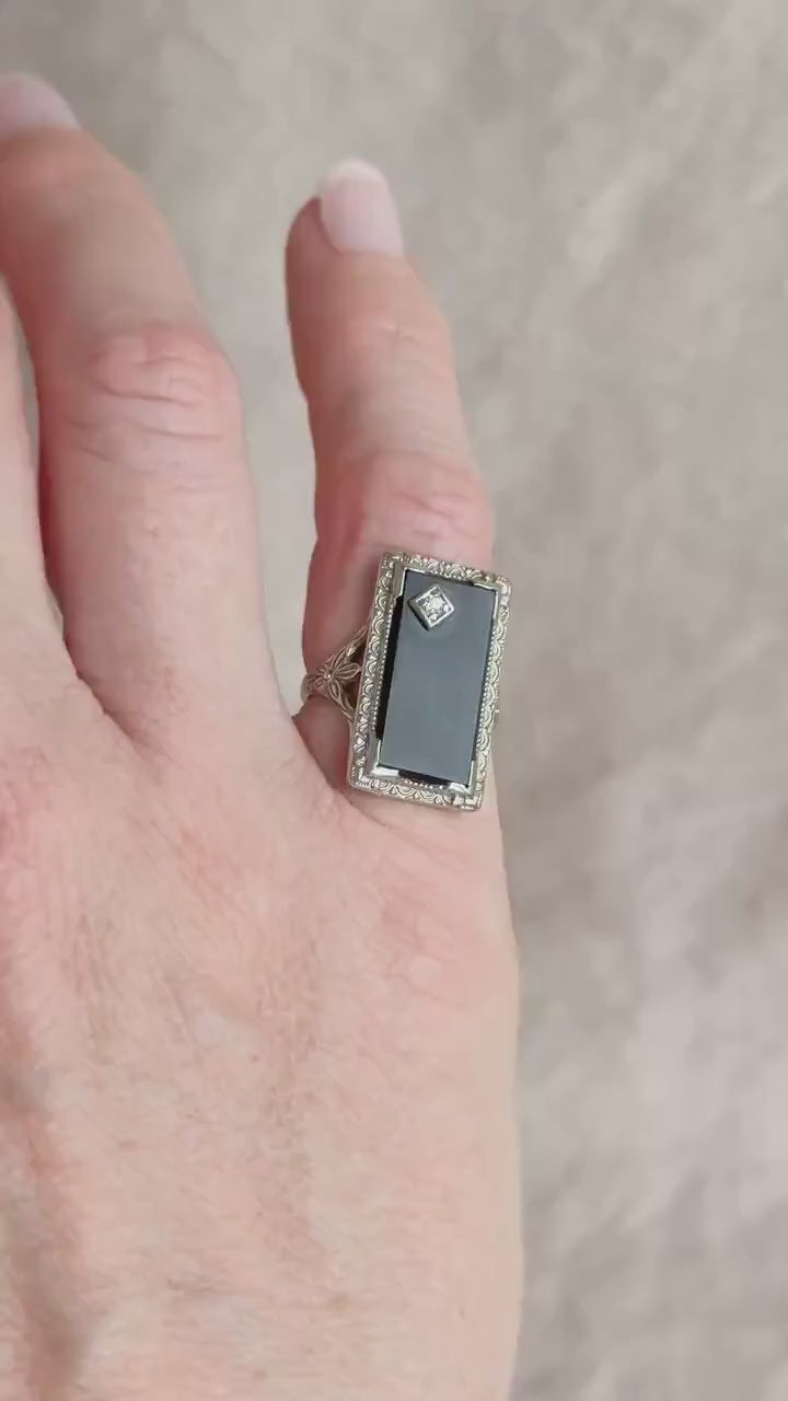 Vintage 1940s Onyx & Diamond Ring in 18k White Gold