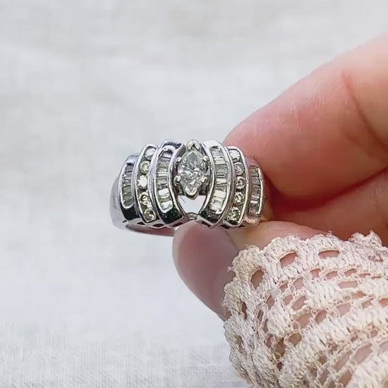 Vintage 1980s Marquise Diamond Engagement Ring, 14k White Gold