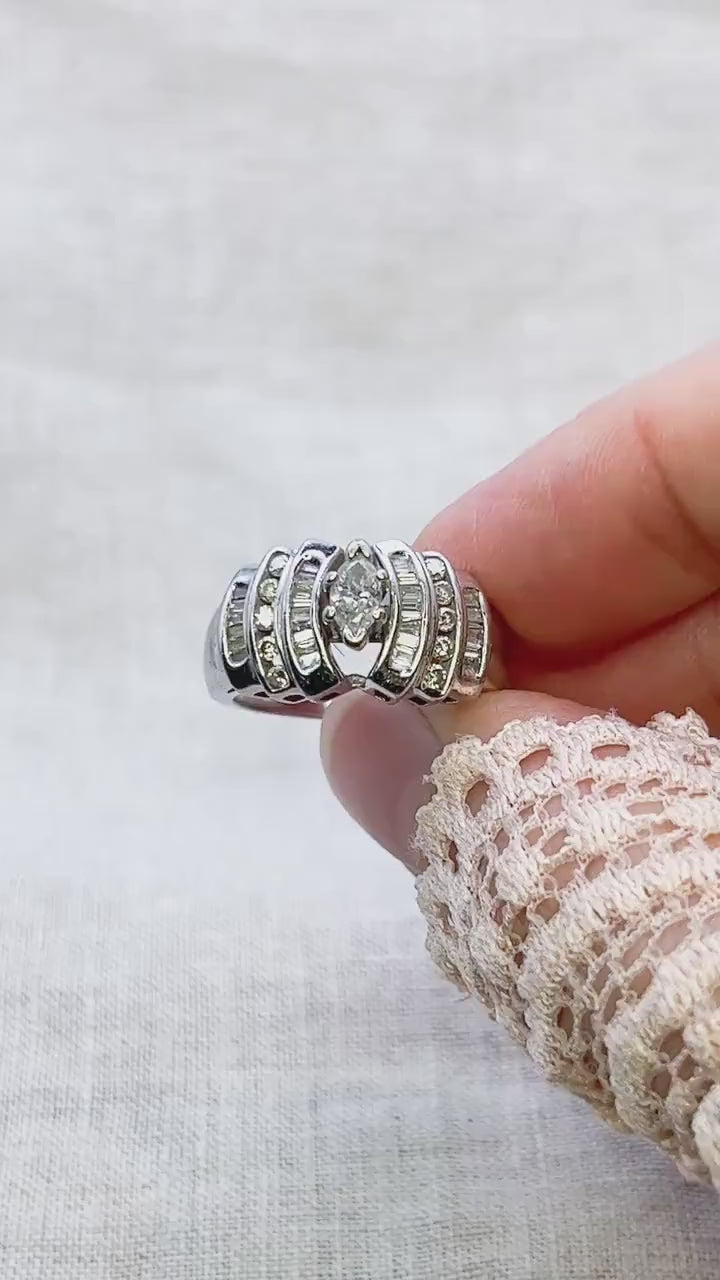 Vintage 1980s Marquise Diamond Engagement Ring, 14k White Gold
