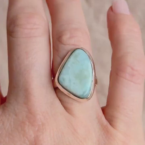 Vintage Blue Larimar Sterling Silver Triangle Statement Ring Boho Jewelry