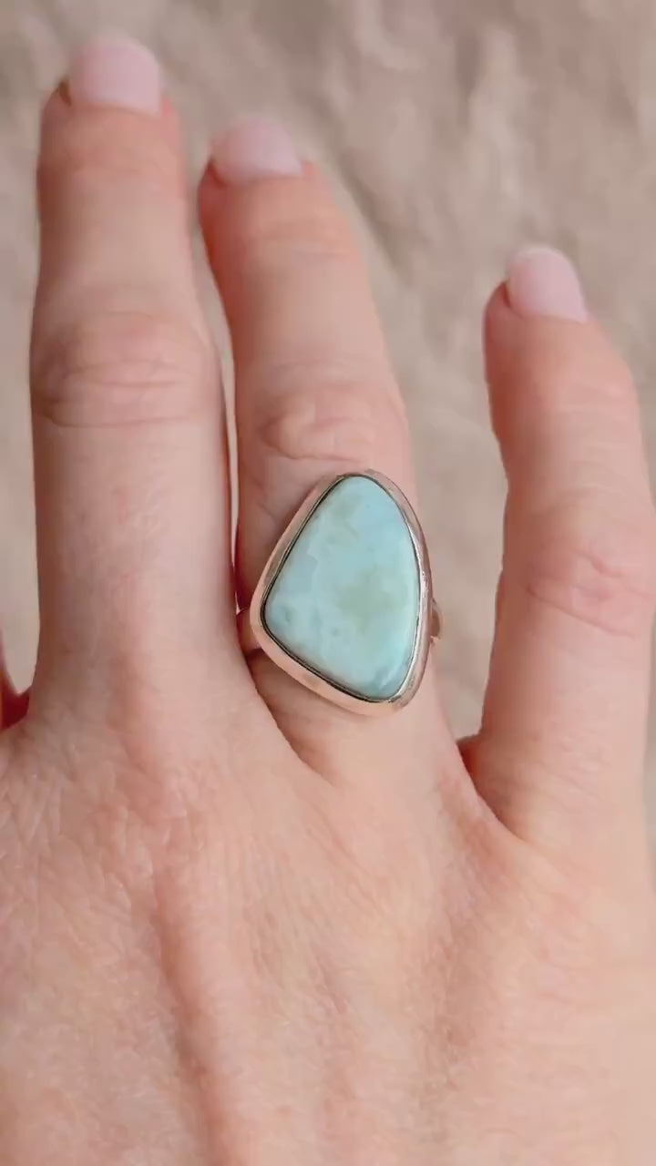 Vintage Blue Larimar Sterling Silver Triangle Statement Ring Boho Jewelry