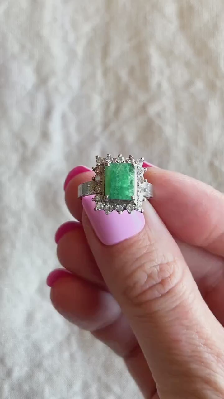 Vintage Emerald and Diamond Halo Gemstone Ring in 18k White Gold