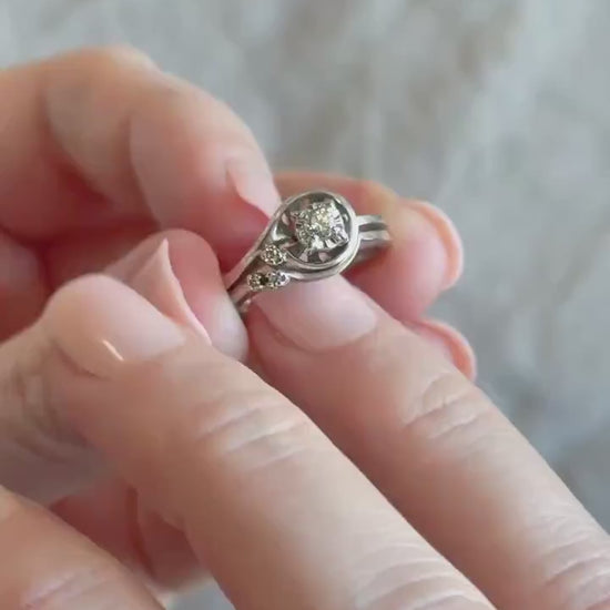 Vintage Diamond Engagement Ring, Round Cut, 14k White Gold, 1950s Mid-Century Swirl Bridal Ring