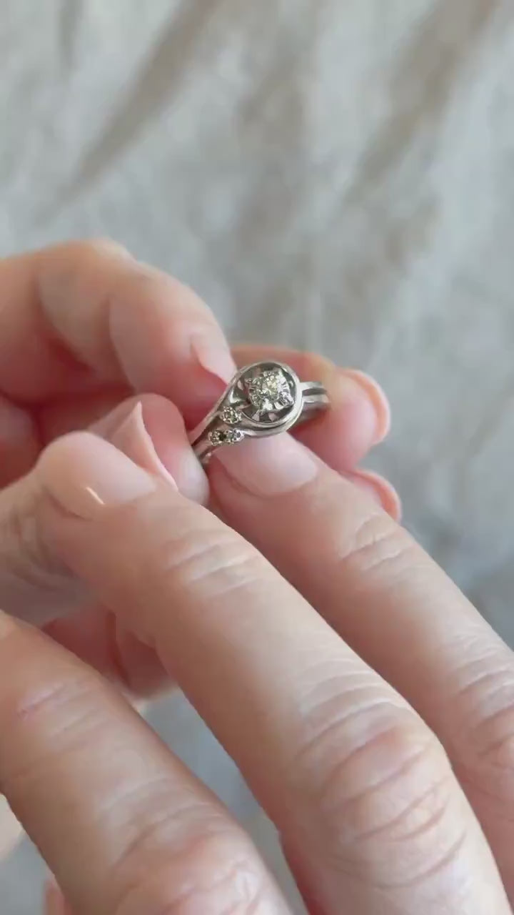 Vintage Diamond Engagement Ring, Round Cut, 14k White Gold, 1950s Mid-Century Swirl Bridal Ring