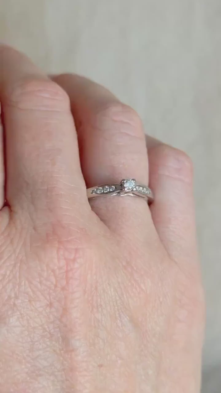 Vintage Diamond Engagement Ring, Round Cut, 10k White Gold, 1990s Channel Set Bridal Ring