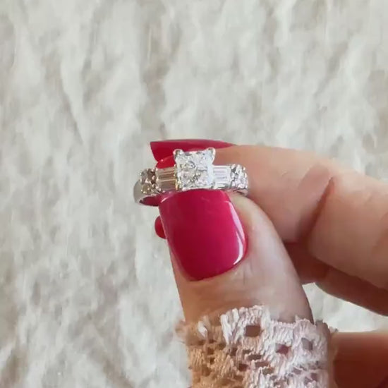 Vintage Diamond Engagement Ring, Princess Cut, 14k White Gold, 1990s Baguette Accent Bridal Ring