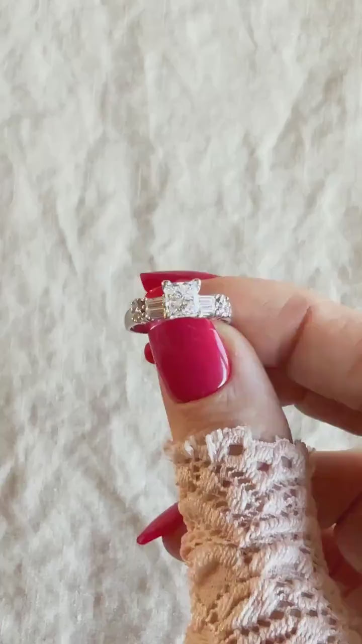 Vintage Diamond Engagement Ring, Princess Cut, 14k White Gold, 1990s Baguette Accent Bridal Ring