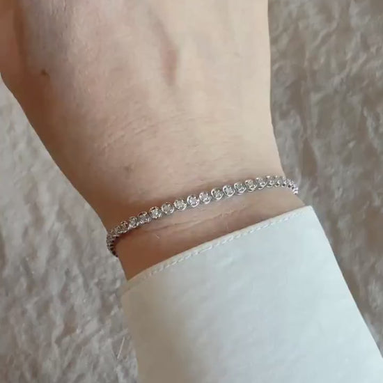 Vintage Diamond Tennis Bracelet, Round Cut, 18k White Gold, 1990s Prong Enhancer Link Bracelet
