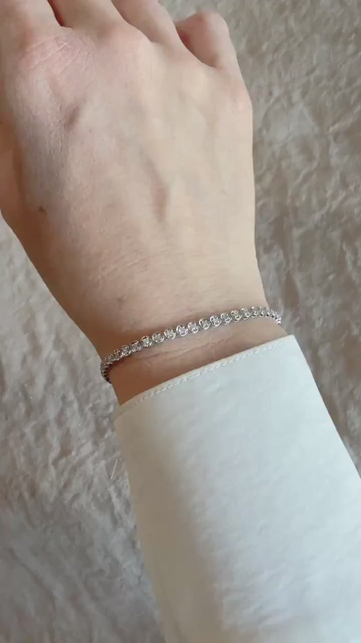 Vintage Diamond Tennis Bracelet, Round Cut, 18k White Gold, 1990s Prong Enhancer Link Bracelet