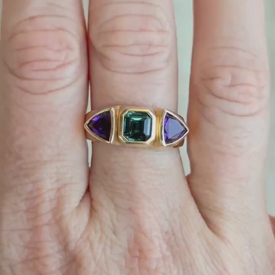 Vintage Tourmaline and Amethyst Ring, 14k Gold, Bezel Geometric Statement Ring, Unique Bold Jewelry