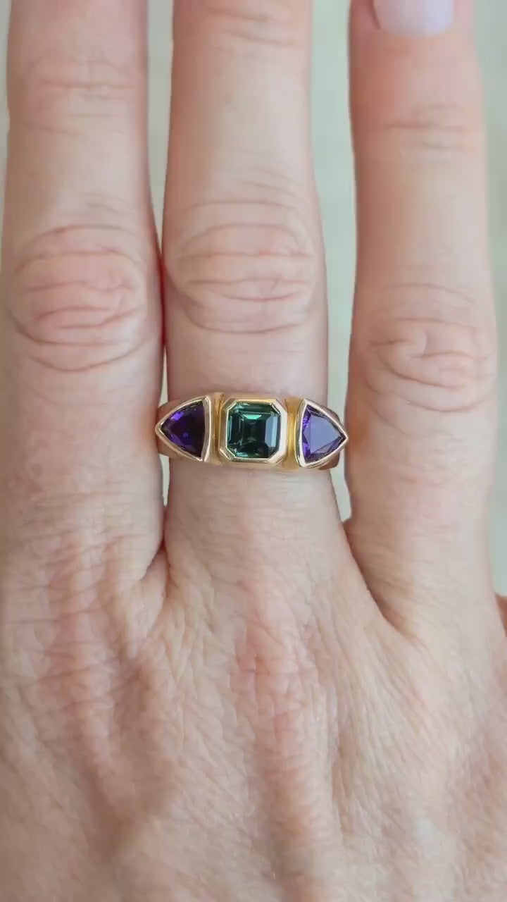 Vintage Tourmaline and Amethyst Ring, 14k Gold, Bezel Geometric Statement Ring, Unique Bold Jewelry