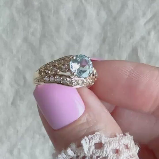 Vintage Aquamarine and Topaz Engagement Ring, Round Cut, 14k Gold Alternative Bridal Ring