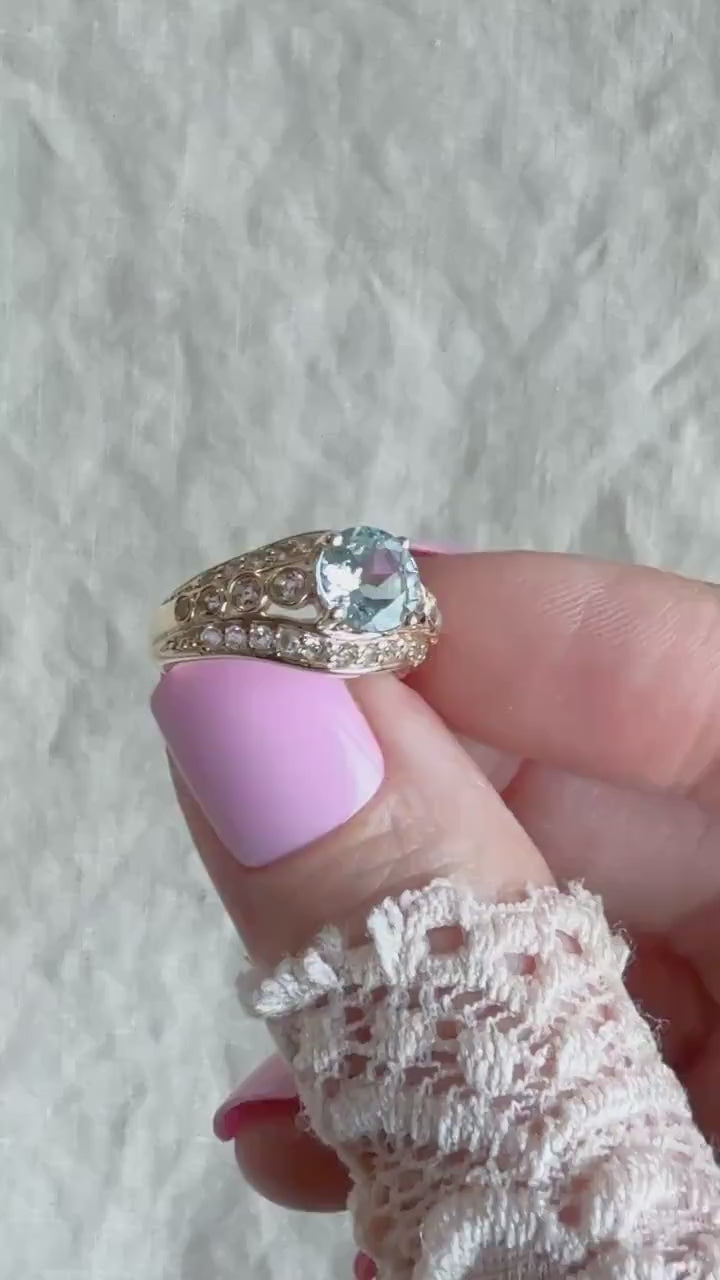 Vintage Aquamarine and Topaz Engagement Ring, Round Cut, 14k Gold Alternative Bridal Ring