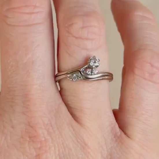 Vintage 1990s Diamond Engagement Ring Bridal Set, 14k White Gold, Asymmetrical Wedding Band