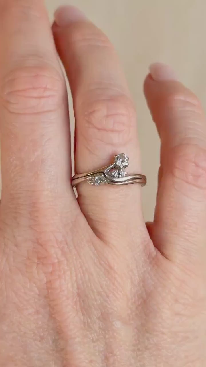 Vintage 1990s Diamond Engagement Ring Bridal Set, 14k White Gold, Asymmetrical Wedding Band